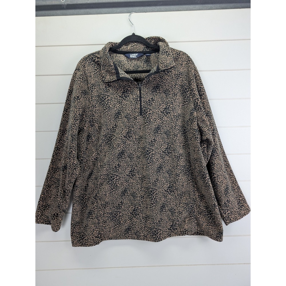 Lands End Fleece Quarter Zip Women 2X Leopard Animal Print Athleisure Comfy Soft